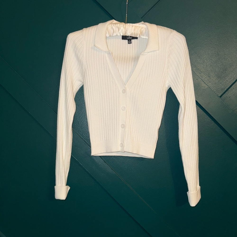 Lulus White Ribbed Collared Knit Cardigan - Picture 3 of 5